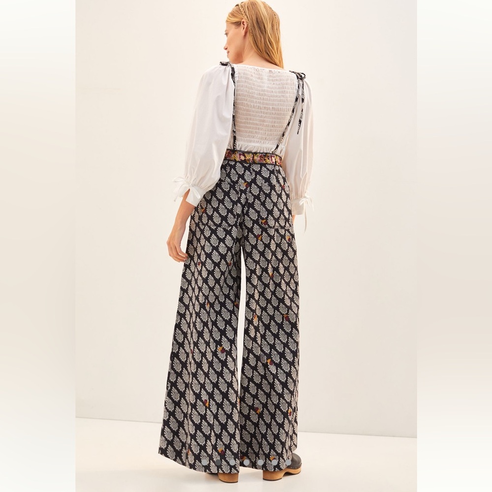 Anthropologie Embroidered Wide Leg Jumpsuit Motif Floral Tie Strap Size 6 - Picture 2 of 8